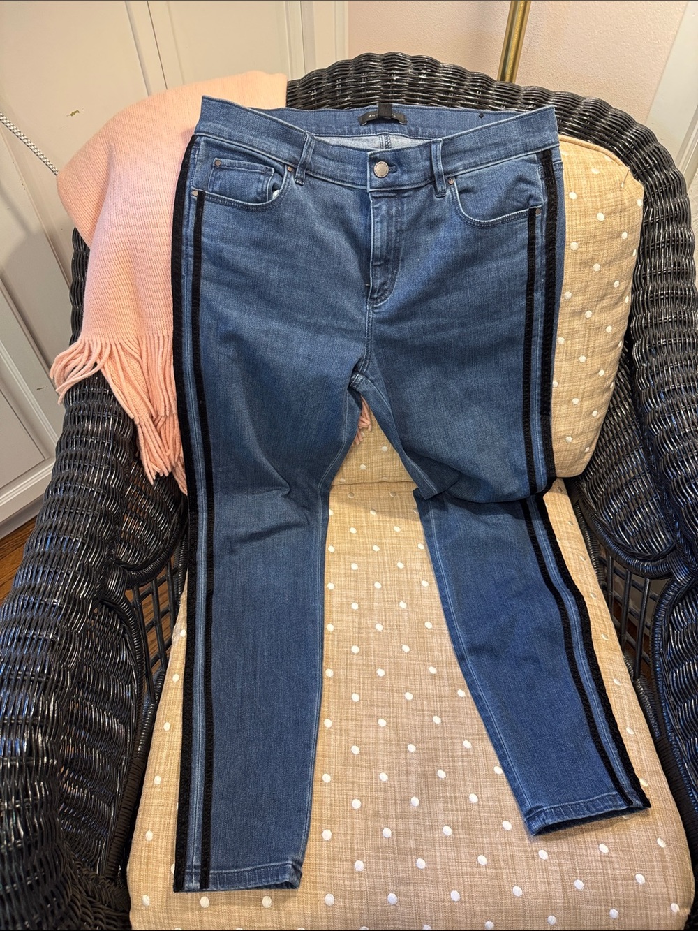 Ann Taylor Women’s Blue Denim Straight Leg Stretch Jeans w/ Black Velvet Stripes